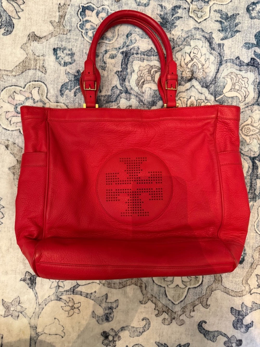 Tory Burch Red Perforated Logo Leather Tote